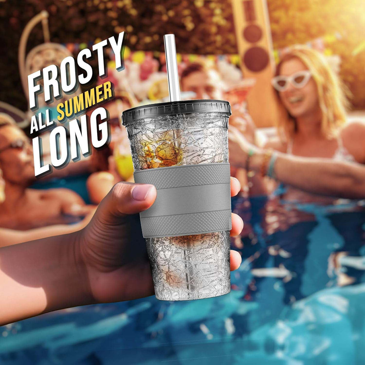 Freezable Iced Coffee Cup with Lid and Straw - Reusable Insulated Ice Tumbler with Grip Sleeve