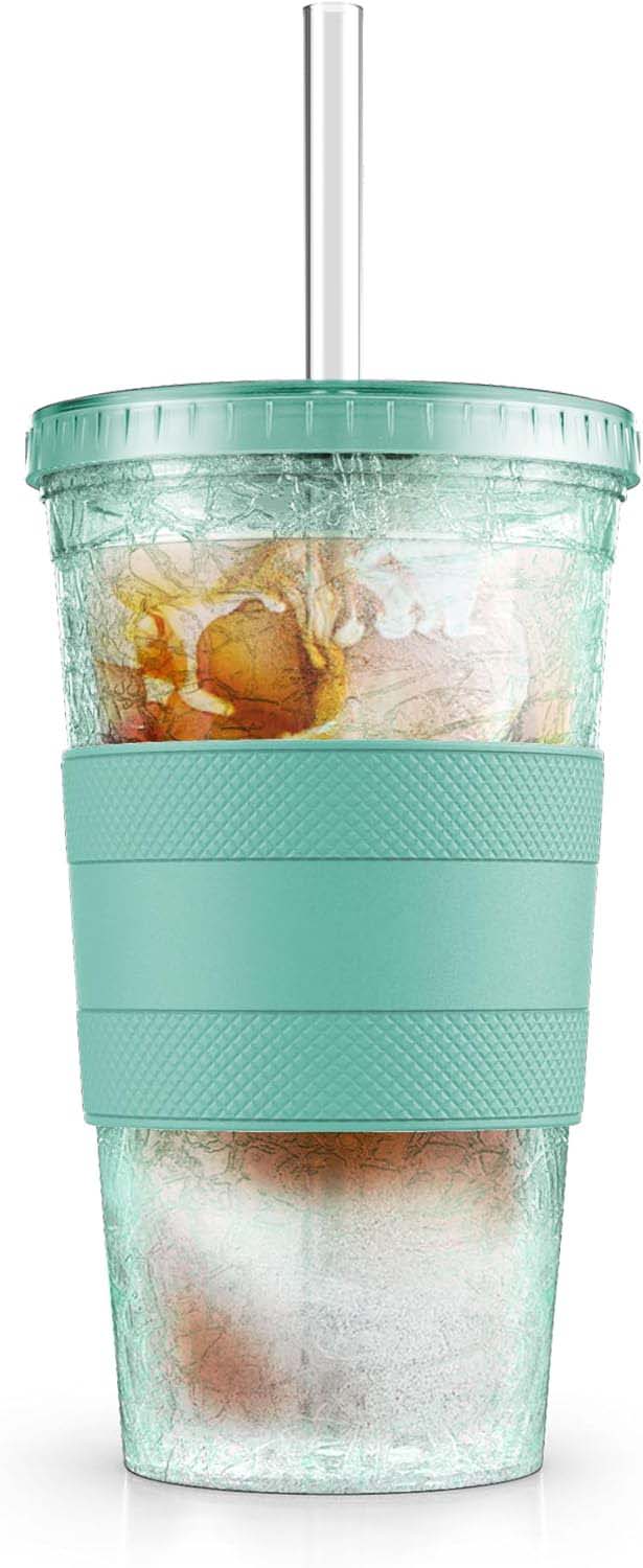 Freezable Iced Coffee Cup with Lid and Straw - Reusable Insulated Ice Tumbler with Grip Sleeve