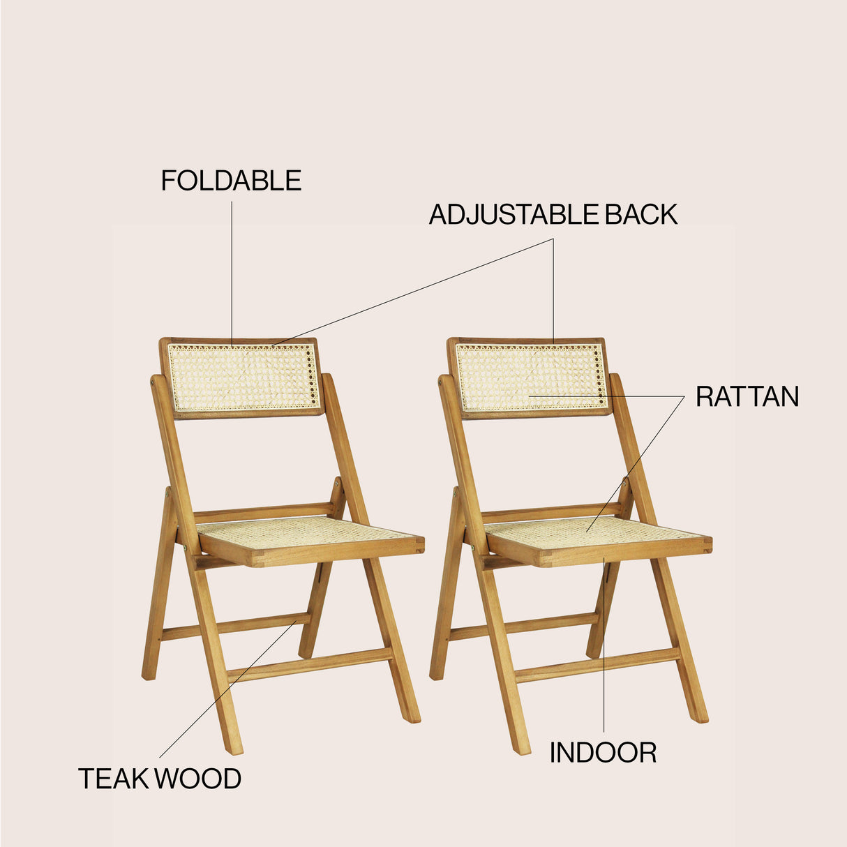 Theo Mid-Century Vintage Wood Rattan Folding Chair with Adjustable Back