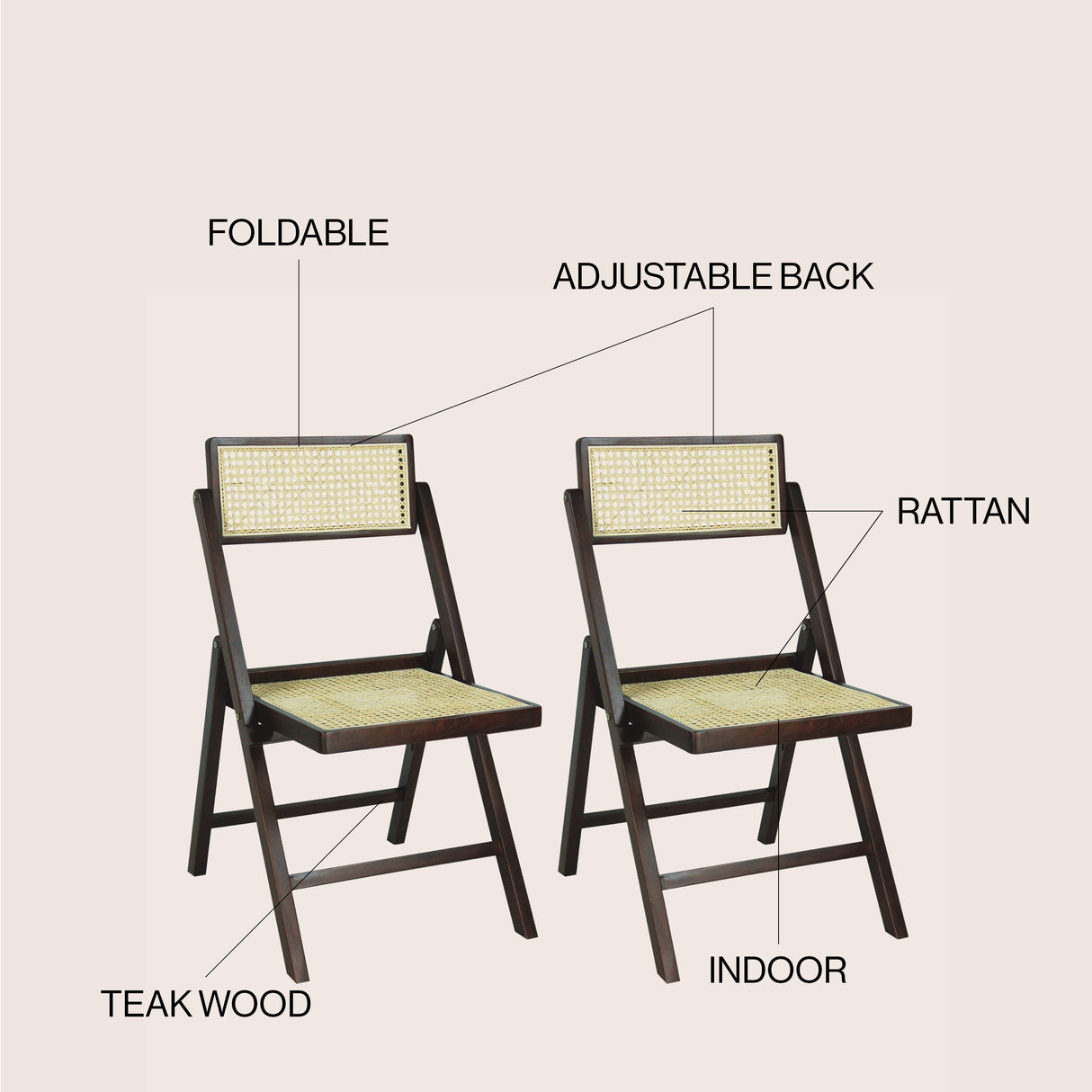 Theo Mid-Century Vintage Wood Rattan Folding Chair with Adjustable Back