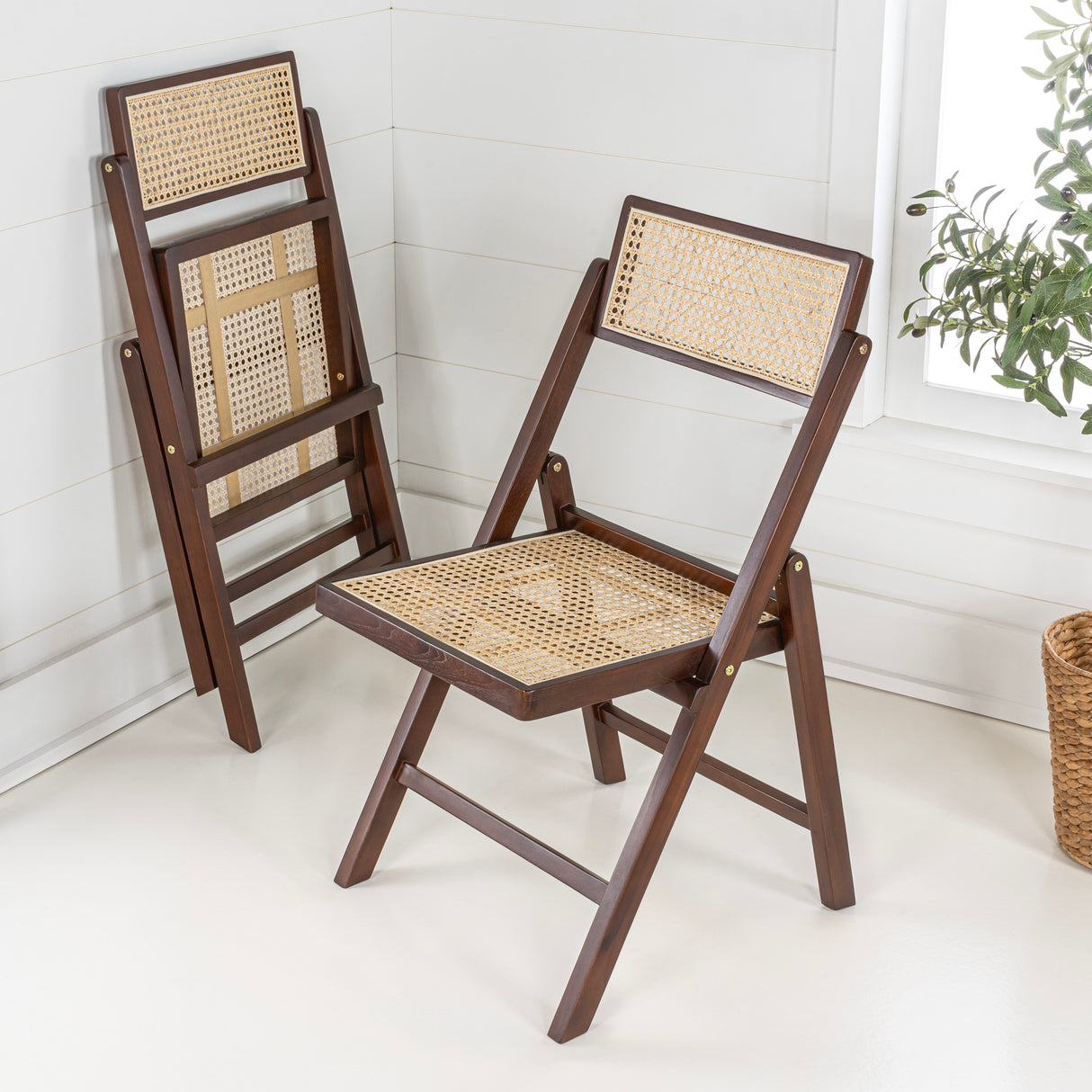 Theo Mid-Century Vintage Wood Rattan Folding Chair with Adjustable Back
