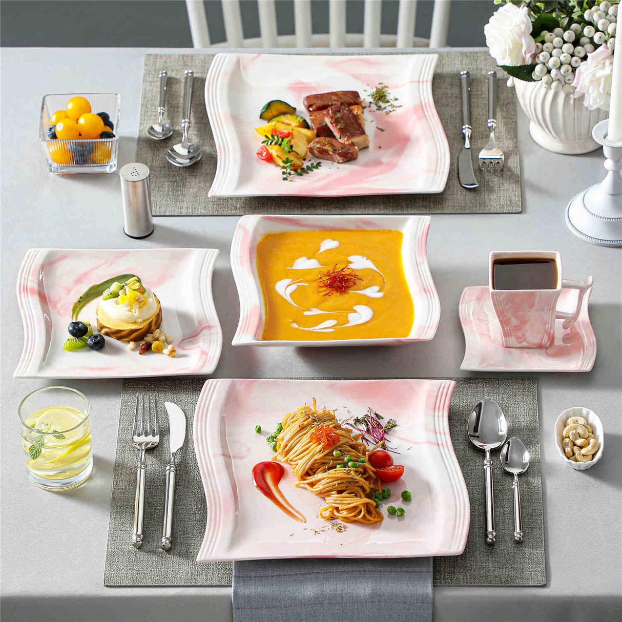Flora Marble Pink 30 Piece Dinnerware Set