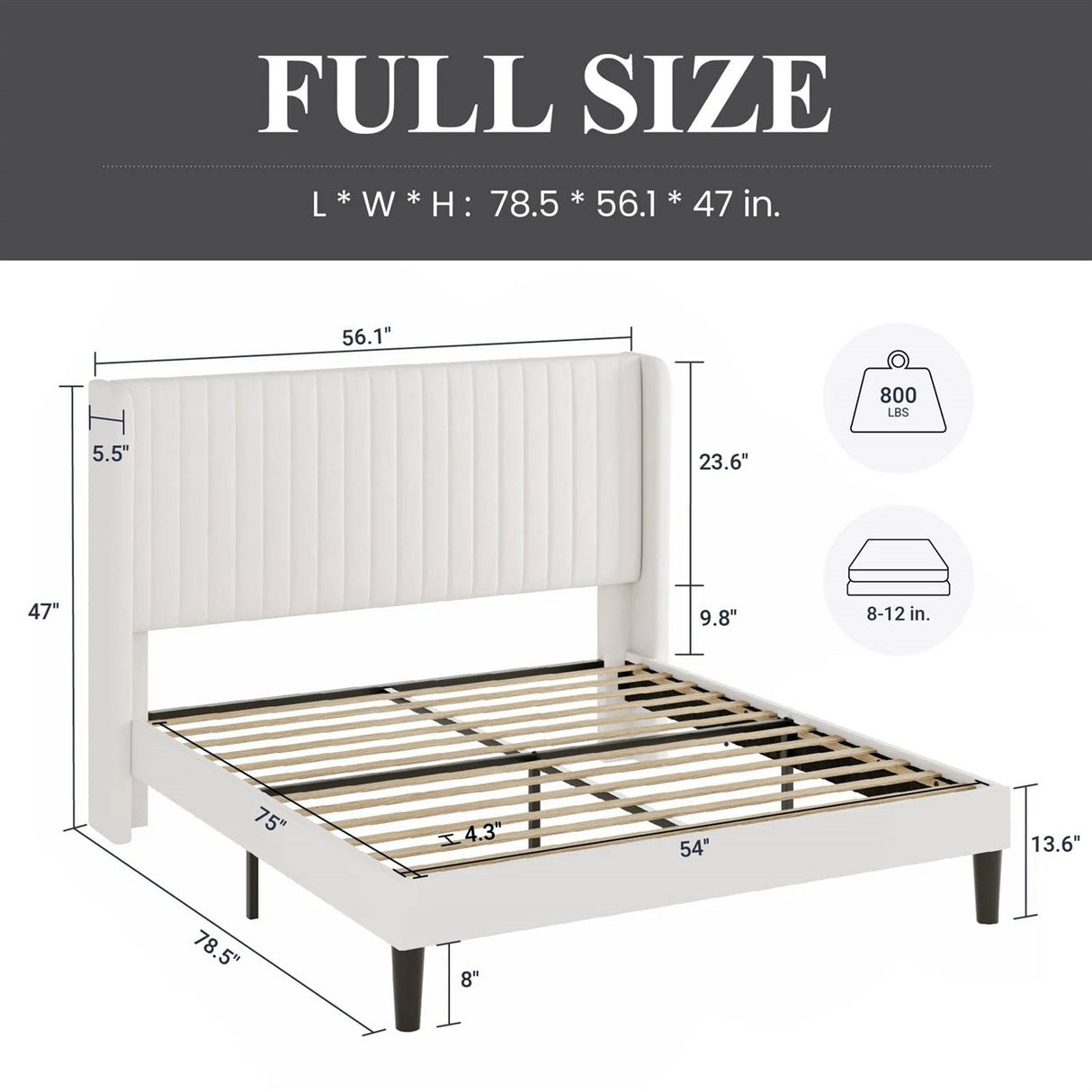 Full size White Velvet Upholstered Platform Bed Frame with Wingback Headboard