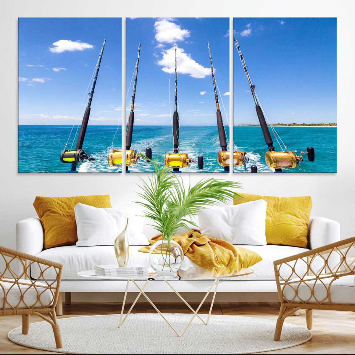 Fishing Roads on Boat Canvas Wall Art Print Ocean Seascape