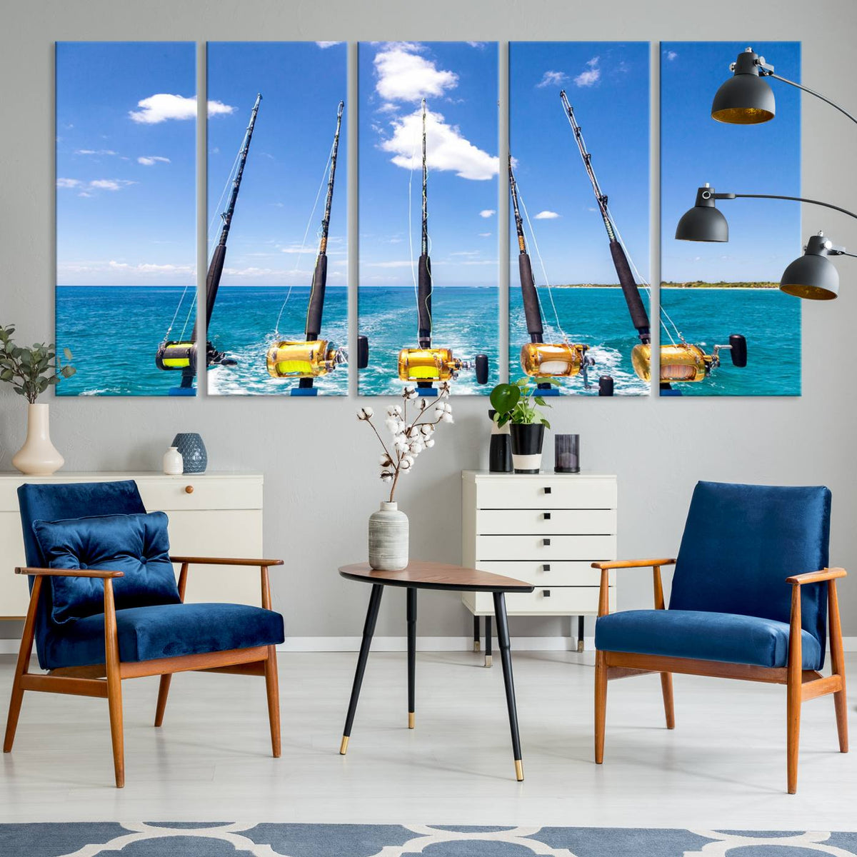 Fishing Roads on Boat Canvas Wall Art Print Ocean Seascape