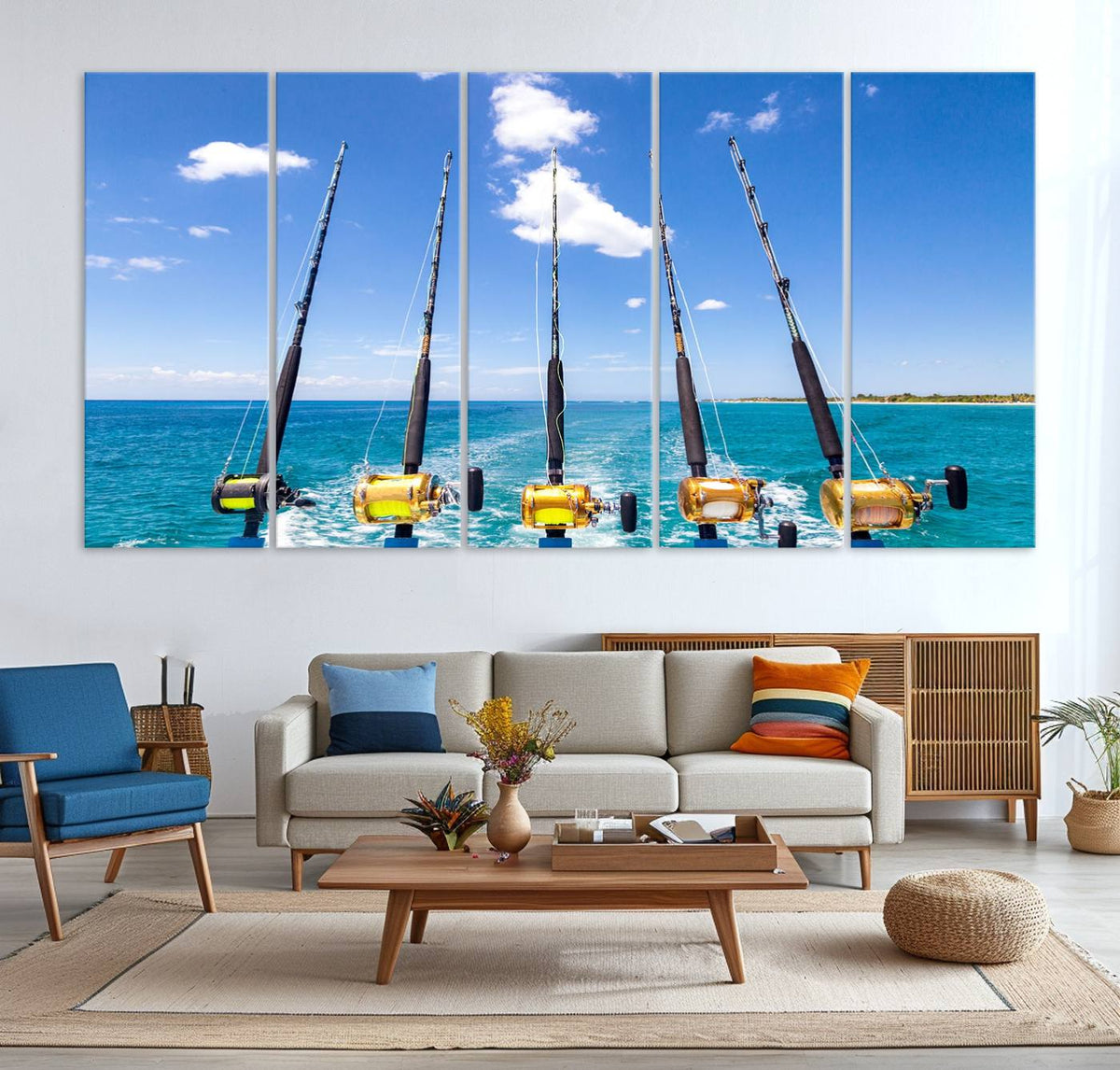 Fishing Roads on Boat Canvas Wall Art Print Ocean Seascape