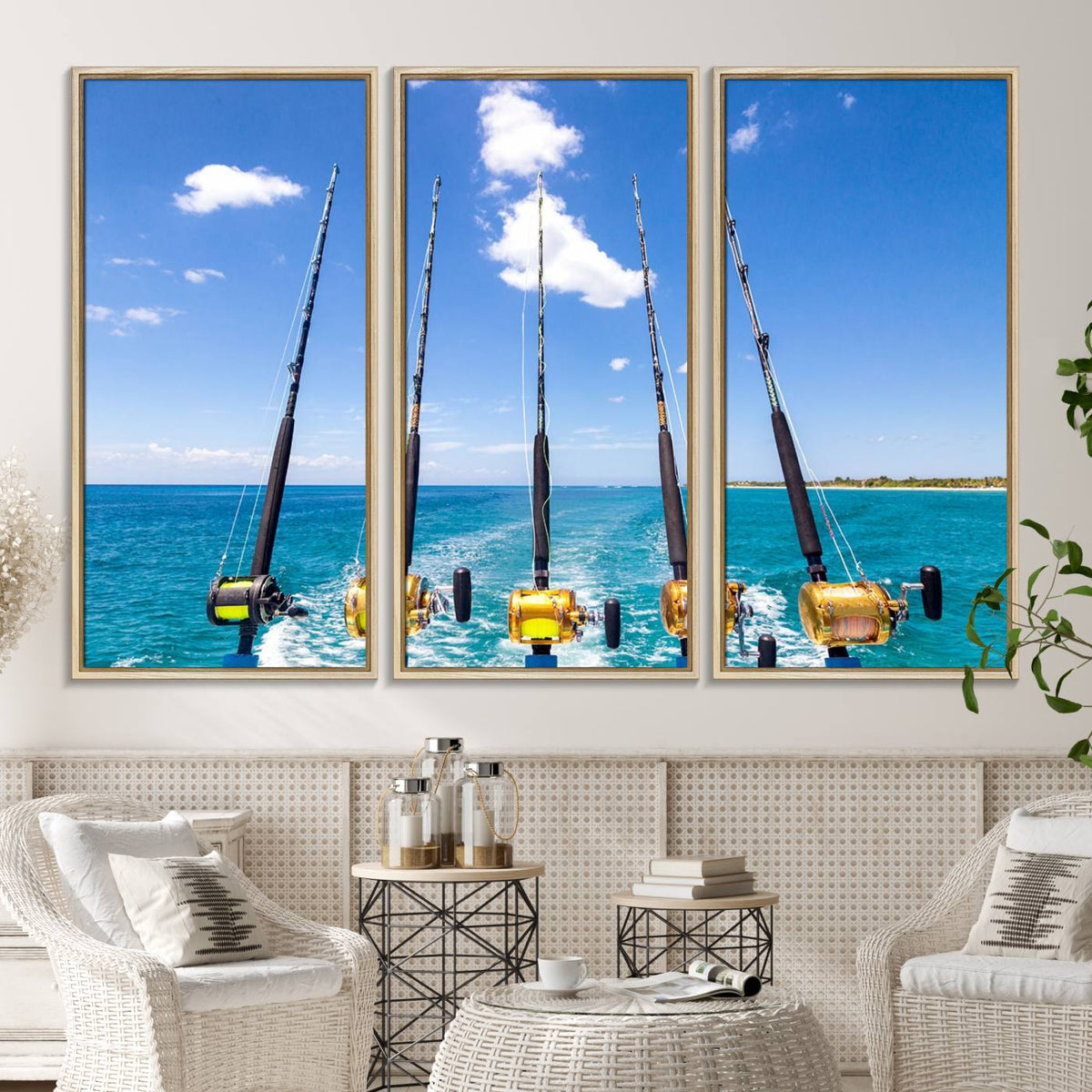 Fishing Roads on Boat Canvas Wall Art Print Ocean Seascape