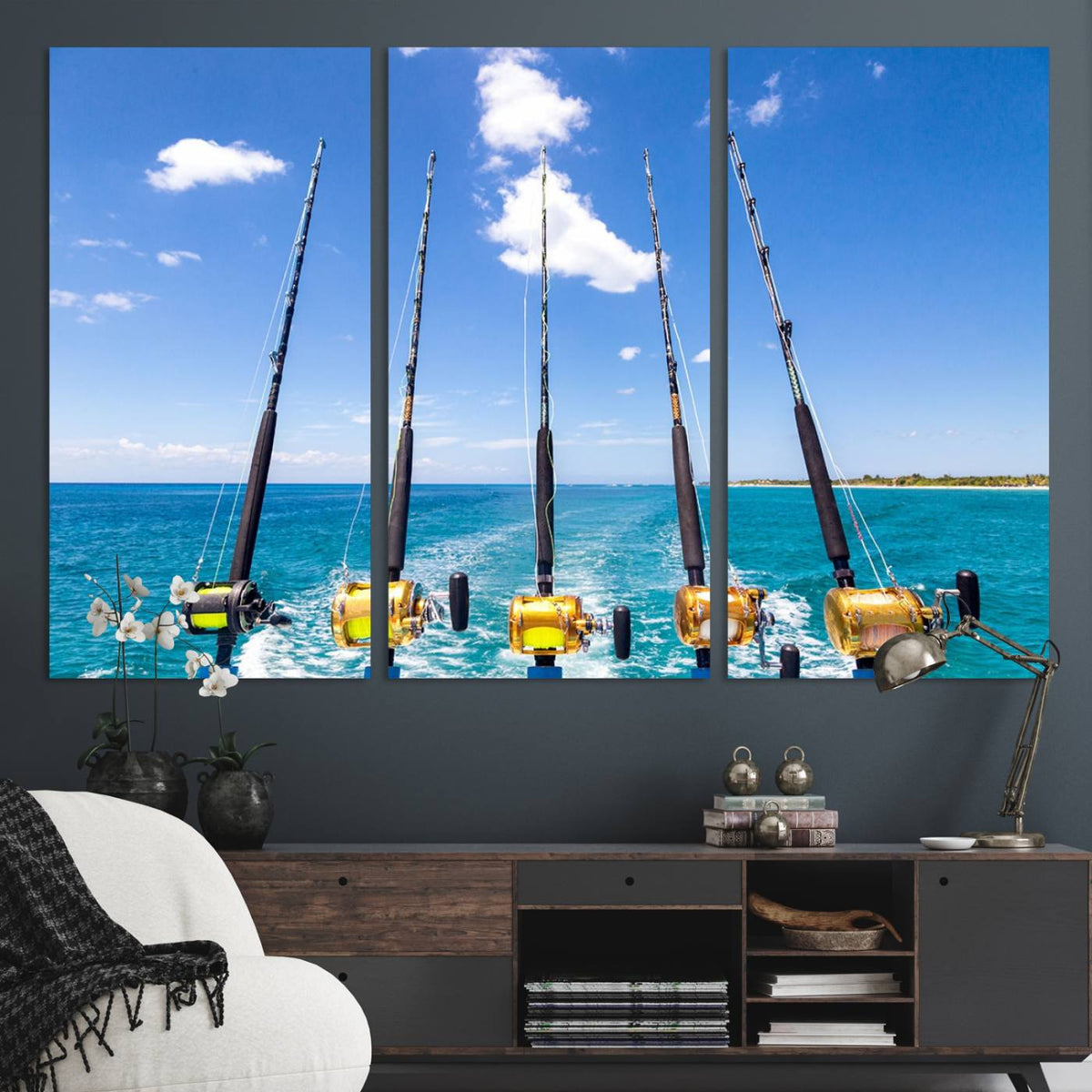 Fishing Roads on Boat Canvas Wall Art Print Ocean Seascape