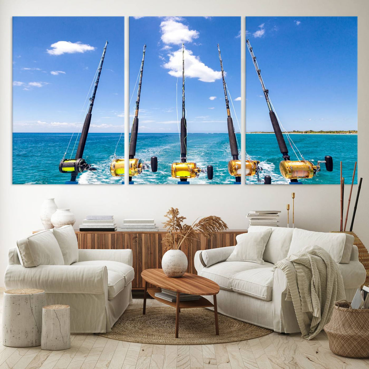 Fishing Roads on Boat Canvas Wall Art Print Ocean Seascape