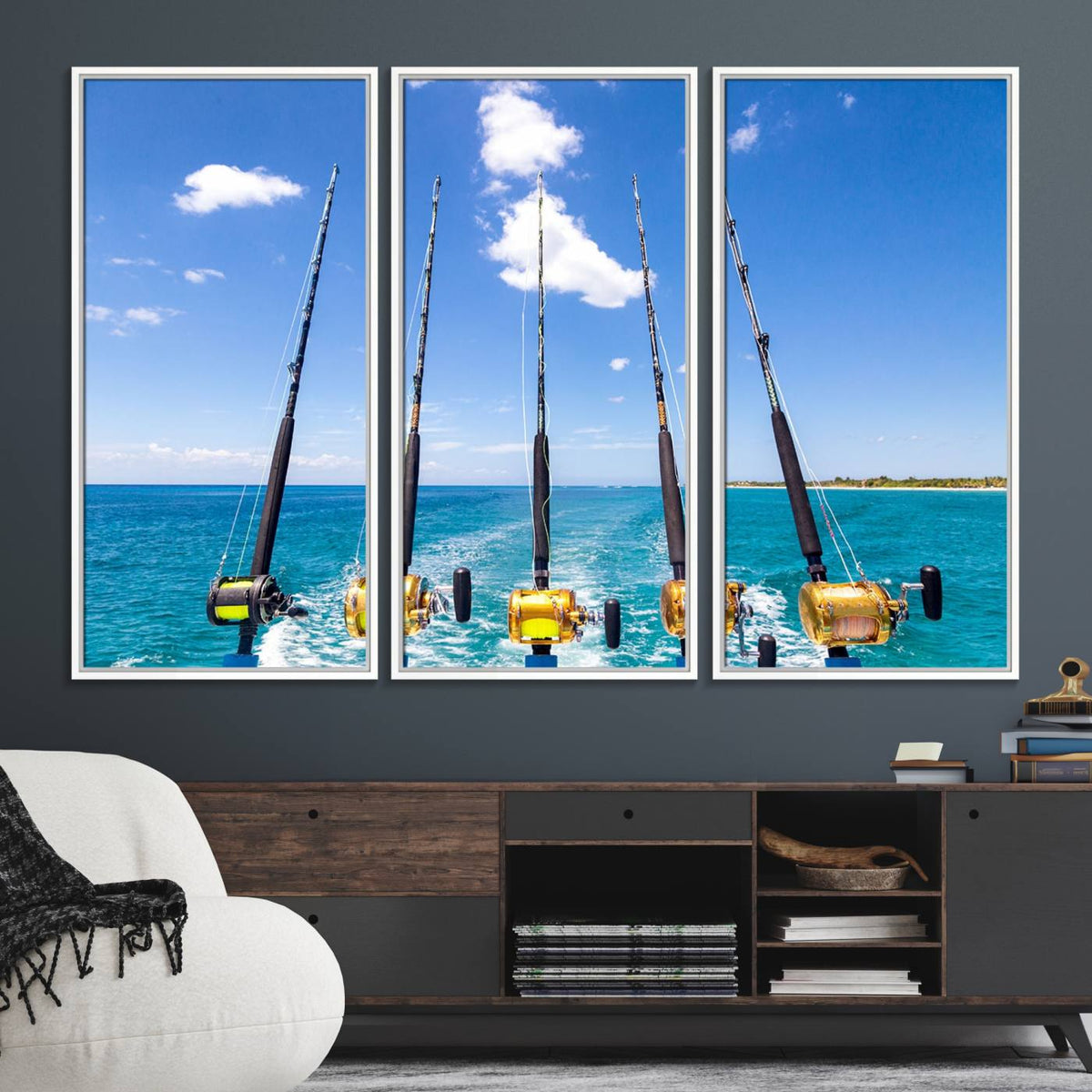 Fishing Roads on Boat Canvas Wall Art Print Ocean Seascape