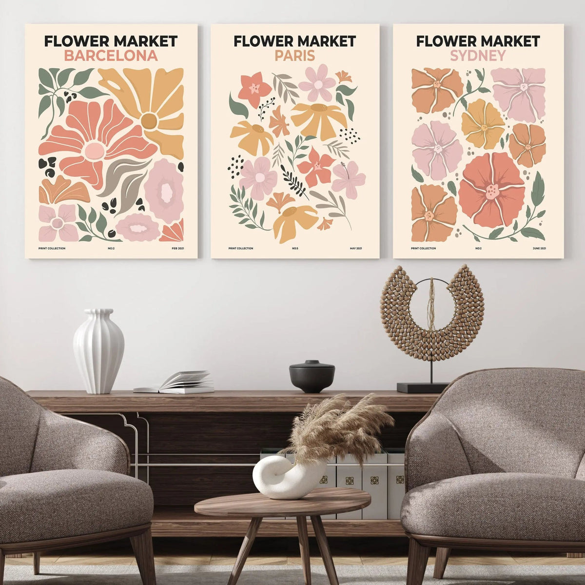 Flower Market Wall Art Set | 3-Panel Barcelona, Paris,