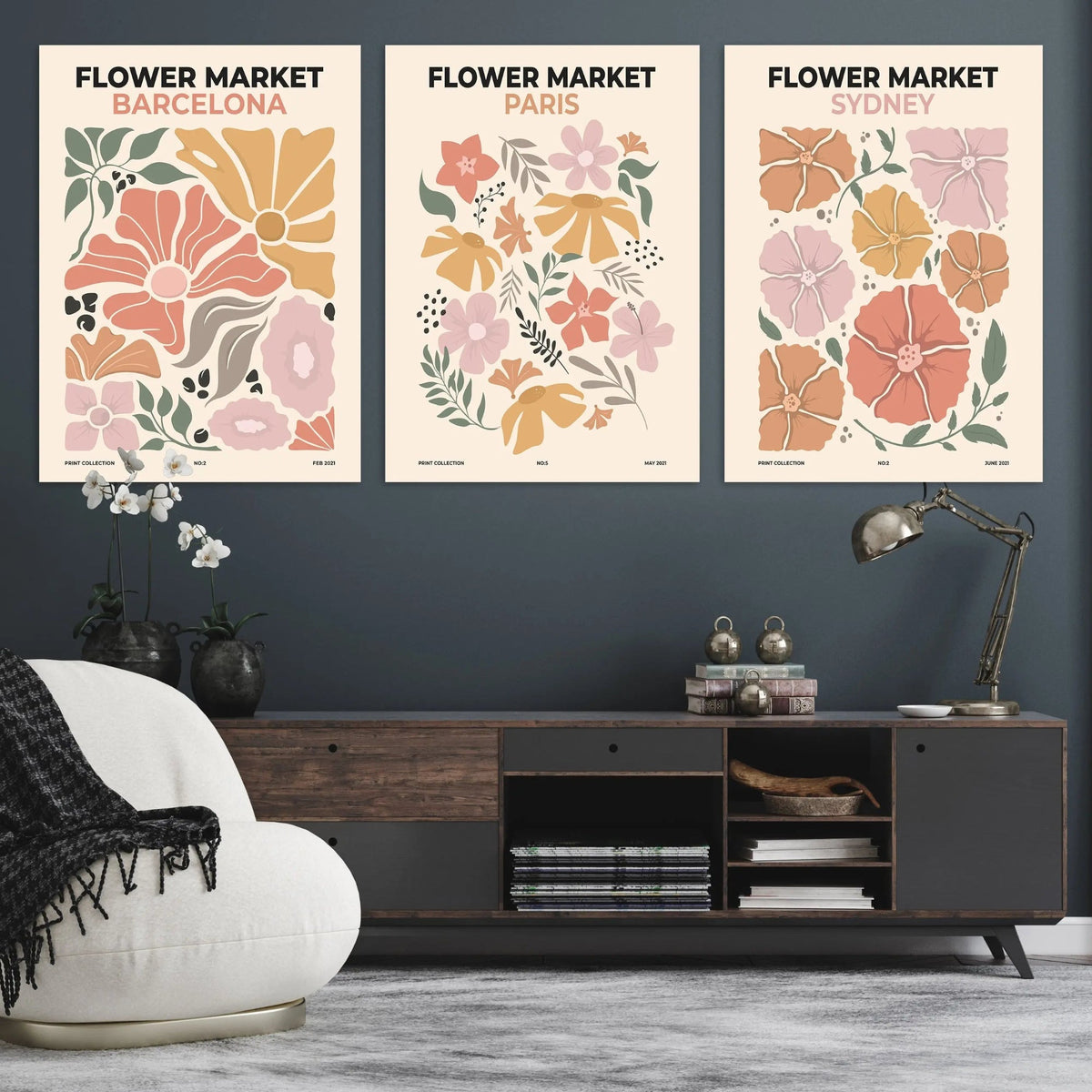 Flower Market Wall Art Set | 3-Panel Barcelona, Paris,