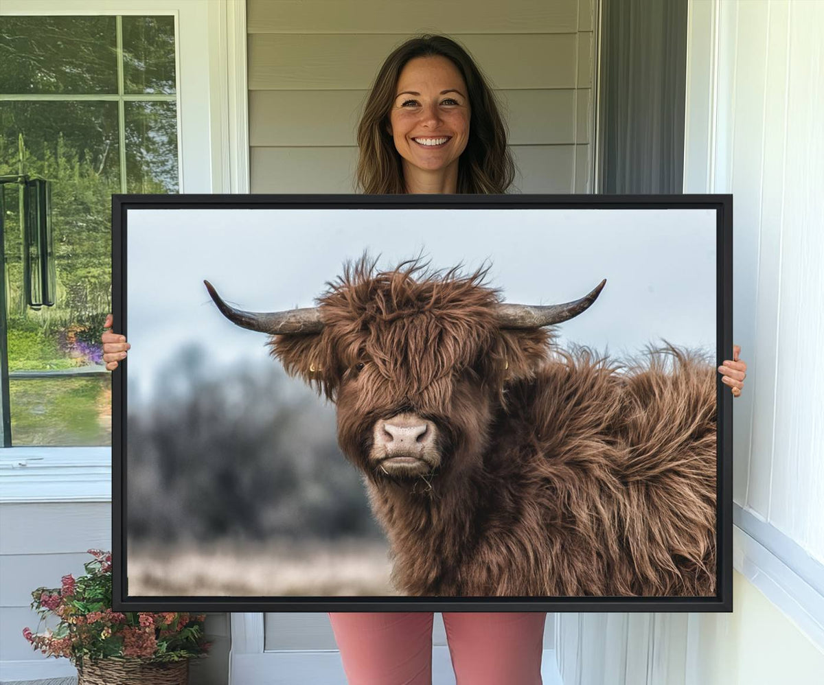 Fluffy Highland Cow Photograph Wall Art Canvas, Black And