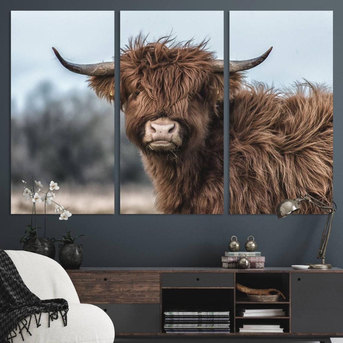 Fluffy Highland Cow Photograph Wall Art Canvas, Black And