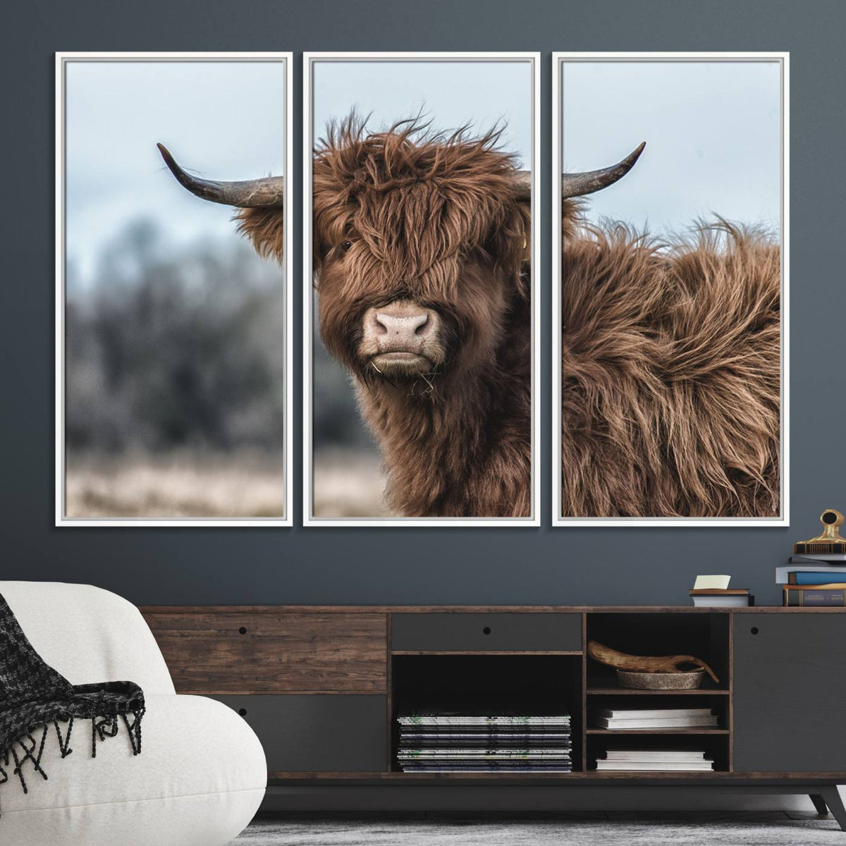 Fluffy Highland Cow Photograph Wall Art Canvas, Black And
