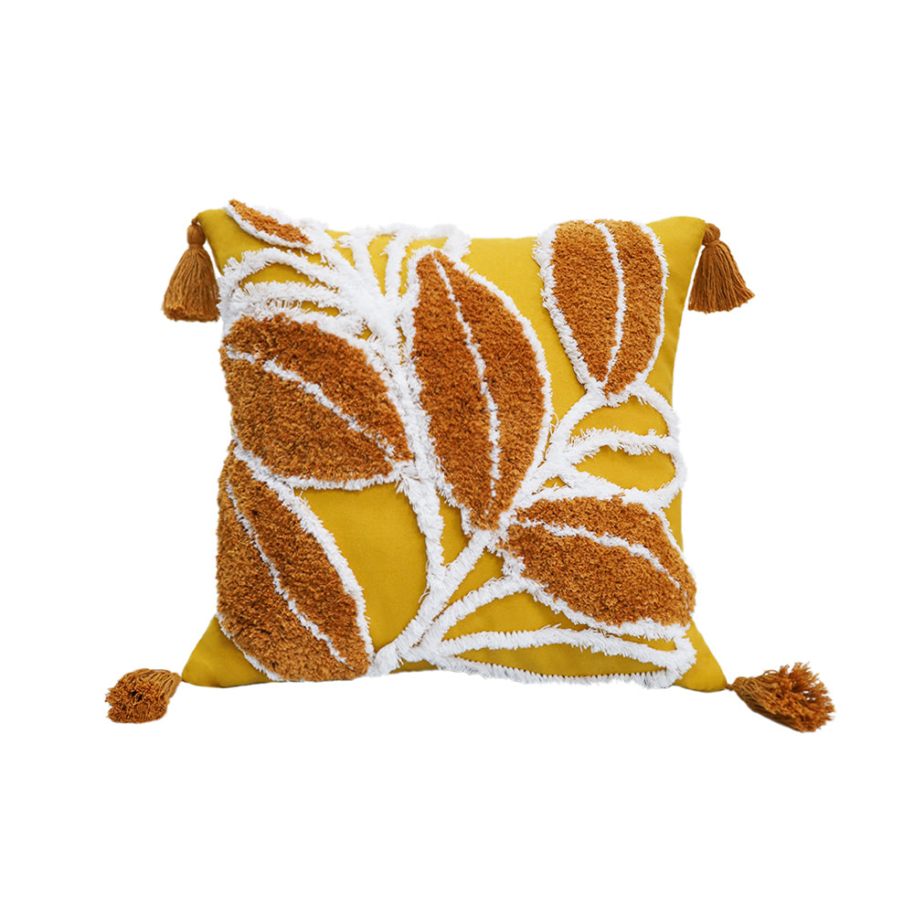 Tufted Leaf Decorative Throw Pillow with Tassels – Textured Cotton Cushion (With 450g Inserts) 18''x18'' set of 2