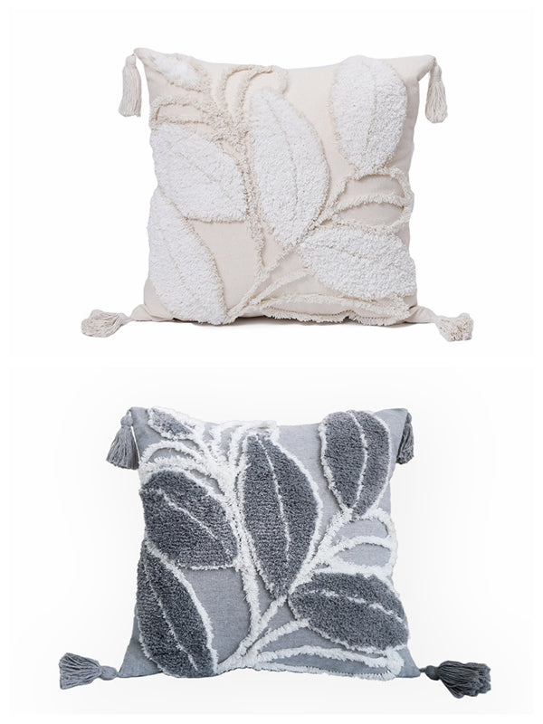Tufted Leaf Decorative Throw Pillow with Tassels – Textured Cotton Cushion (With 450g Inserts) 18''x18'' set of 2