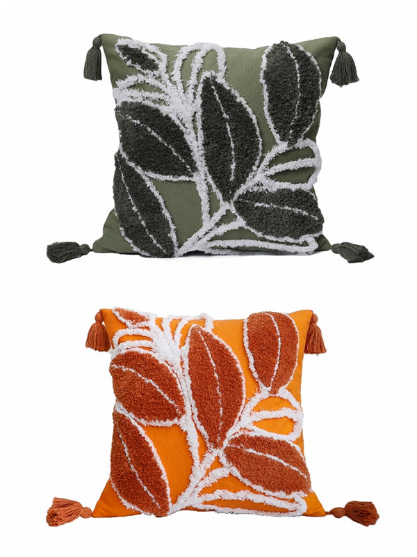 Tufted Leaf Decorative Throw Pillow with Tassels – Textured Cotton Cushion (With 450g Inserts) 18''x18'' set of 2