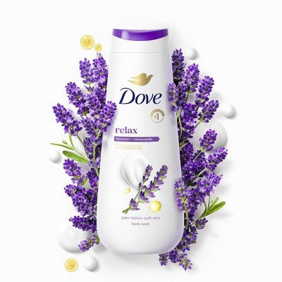 Dove Relax Body Wash Lavender & Chamomile 24hr Lotion Soft Skin 20 fl oz - Imperfect Container