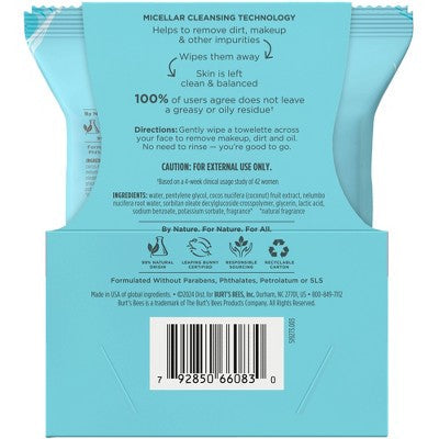 Burt's Bees Micellar Coconut Lotus Facial Towelettes 2 Pack 60 Count