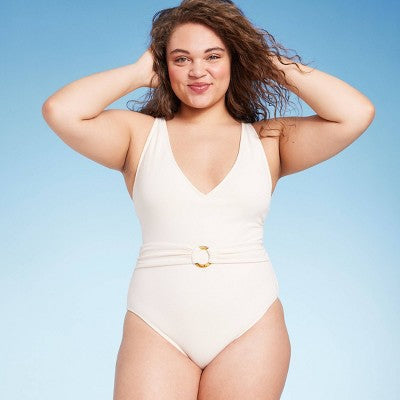 Women's Crepe Belted V-Neck One Piece Swimsuit - Shade & Shore