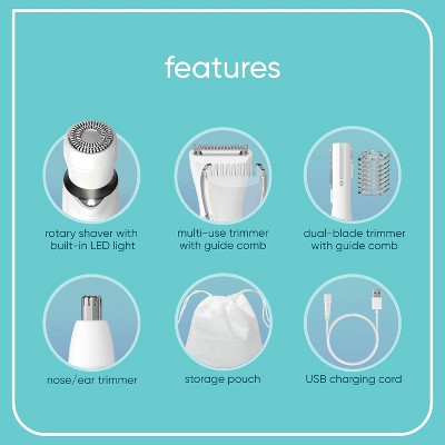 Conair Girlbomb Wet and Dry Cordless Rechargeable Face Shaver with 6 Attachments