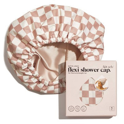 Kitsch-Satin-Lined-Flexi-Shower-Cap-Terracotta-Checker-Imperfect-Box-Shower-Caps