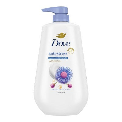 Dove Beauty Anti-Stress Body Wash Pump Blue Chamomile; Oat Milk 24hr Lotion-Soft Skin 30.6 fl oz - Imperfect Container