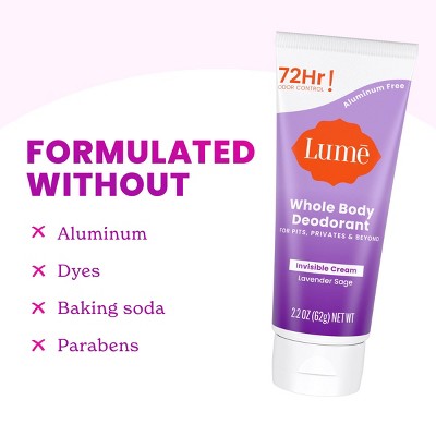 Lume Whole Body Women's Invisible Cream Tube Deodorant Lavender Sage Scent 2.2oz