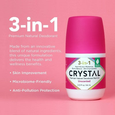 Crystal 3-in-1 Natural Mineral Roll-On Deodorant Unscented 2.25 fl oz
