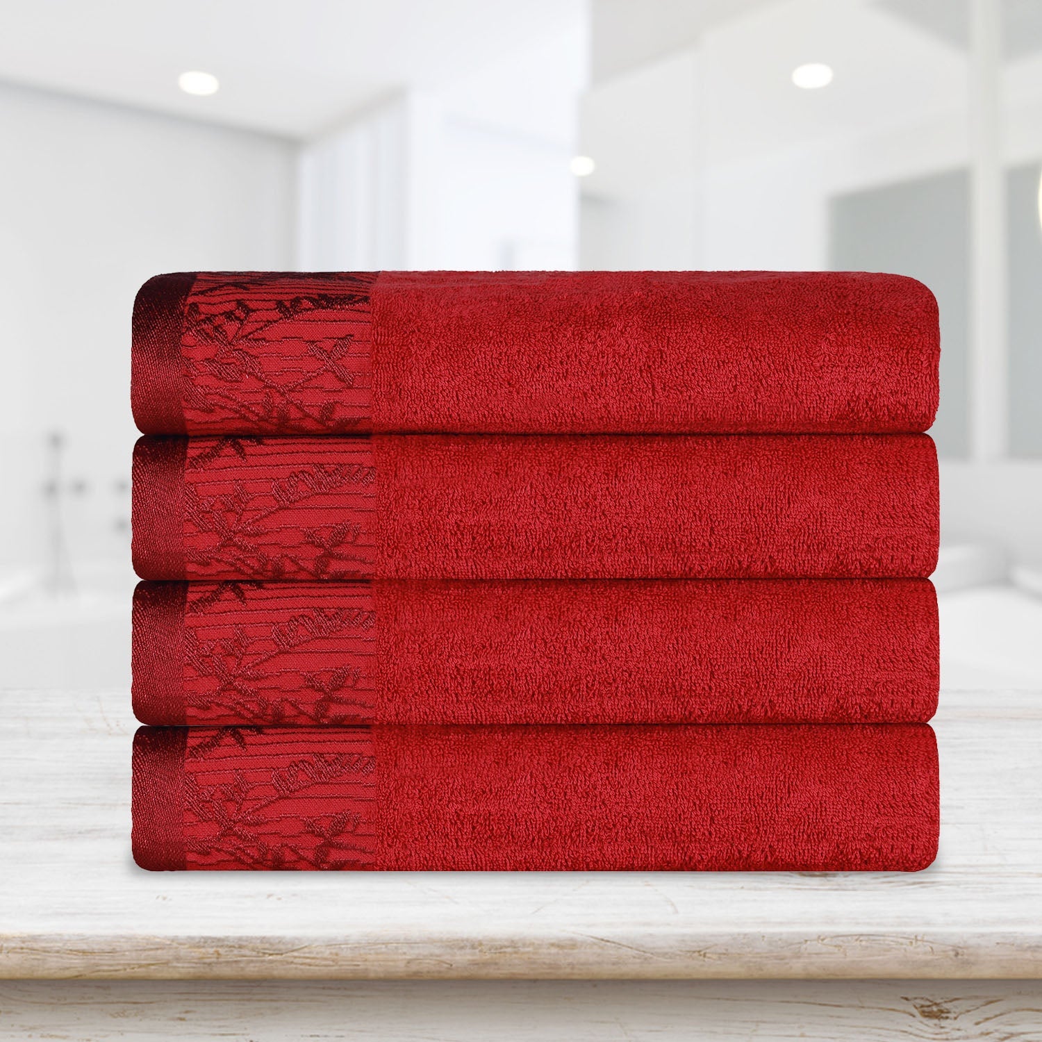 Cotton Floral Jacquard Border Bath Towel Set of 4 - Bath Towel by Superior Brand