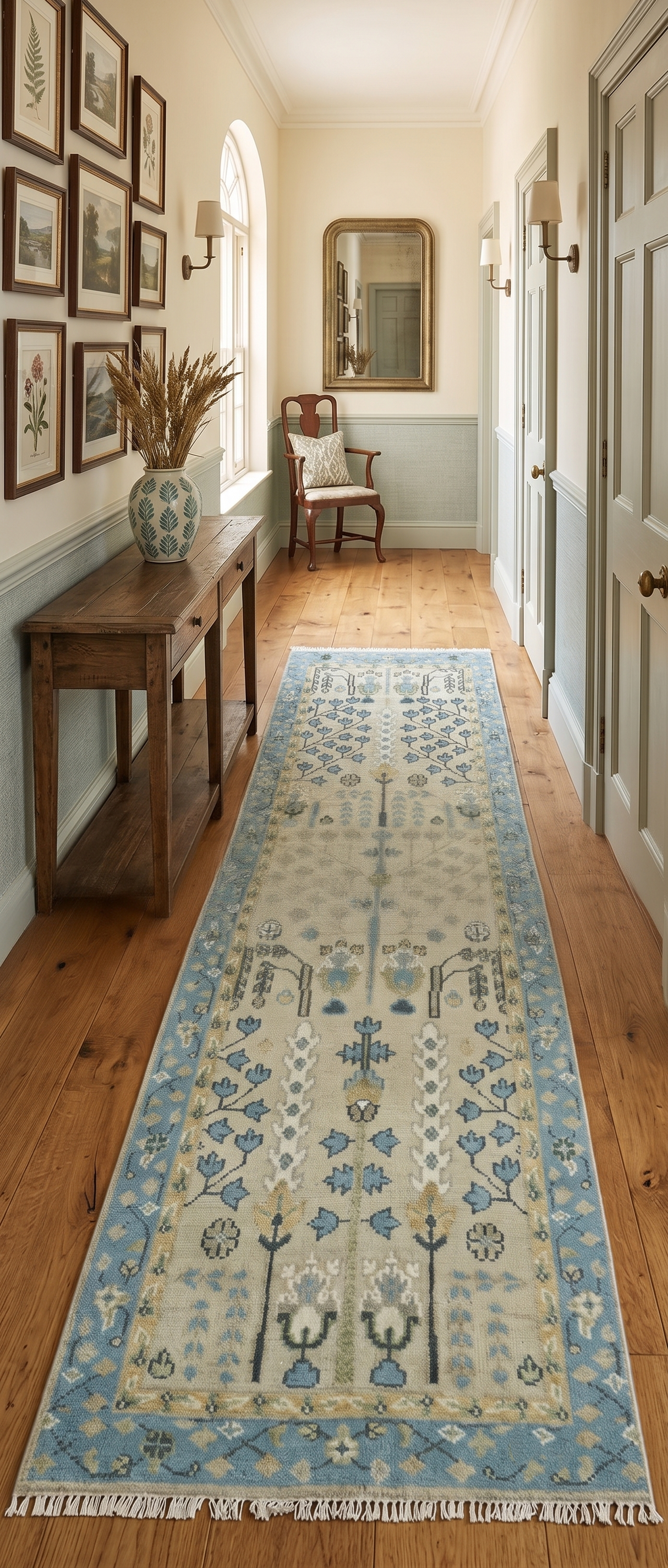 Custom Made Hand Knotted Tree of Life Beige And Blue Runner Wool Rug
