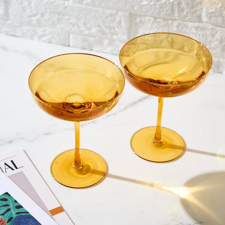 Palazzo-Champagne-Coupe,-Cocktail-Glassware,-Set-of-2,-Yellow-Champagne-Glasses