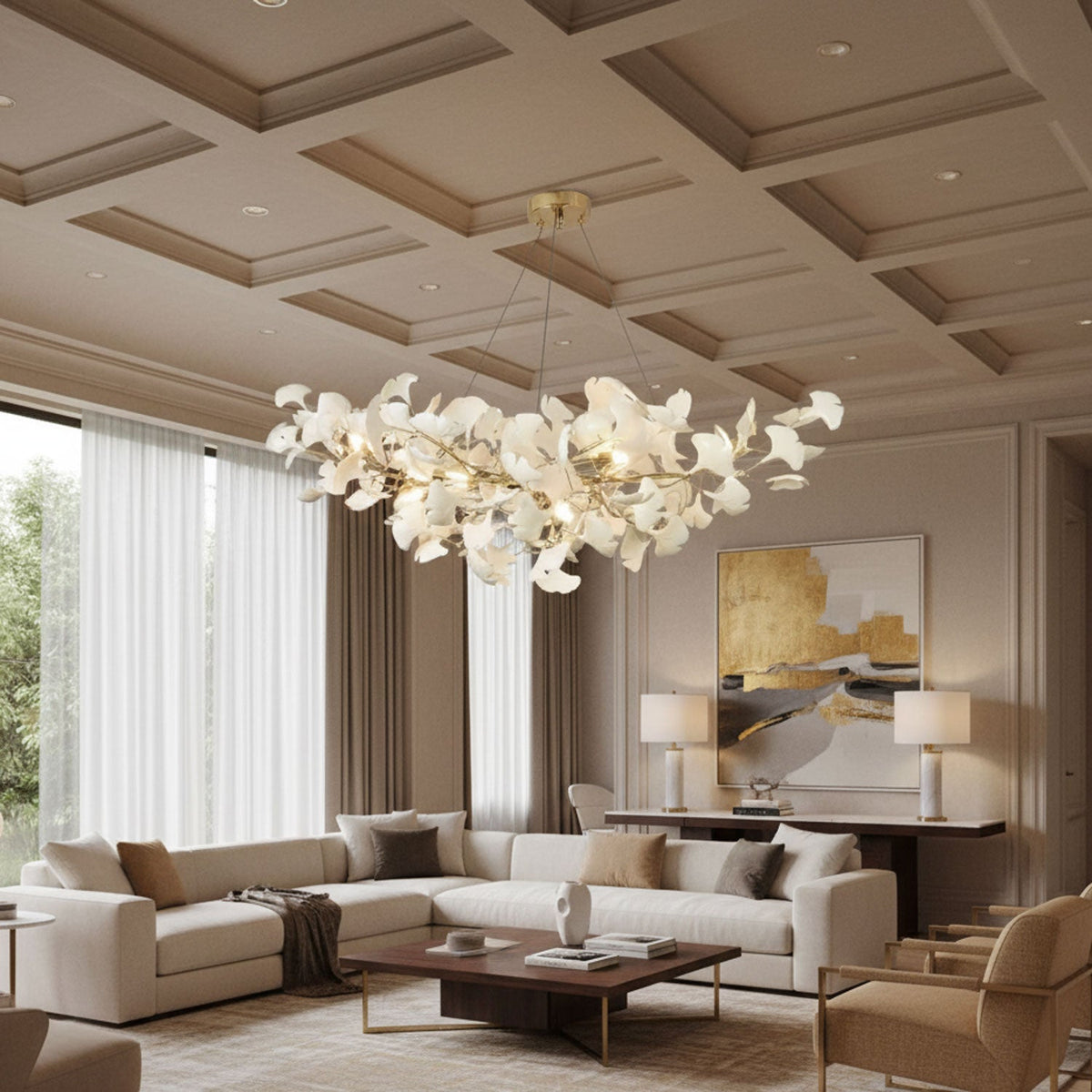 Porcelain Ginkgo Leaf Linear Chandelier with Flexible Branches | Dining Table Light