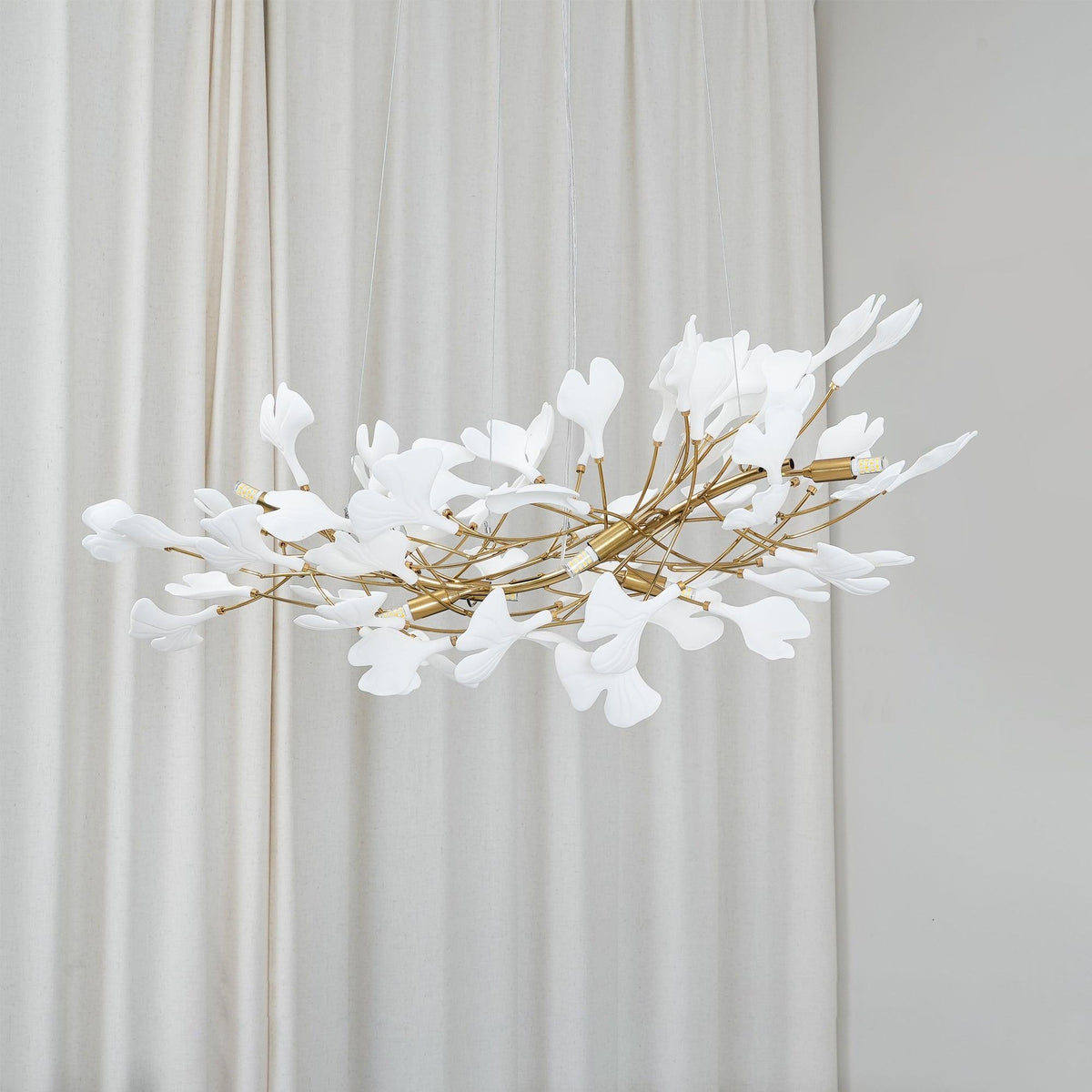 Porcelain Ginkgo Leaf Linear Chandelier with Flexible Branches | Dining Table Light