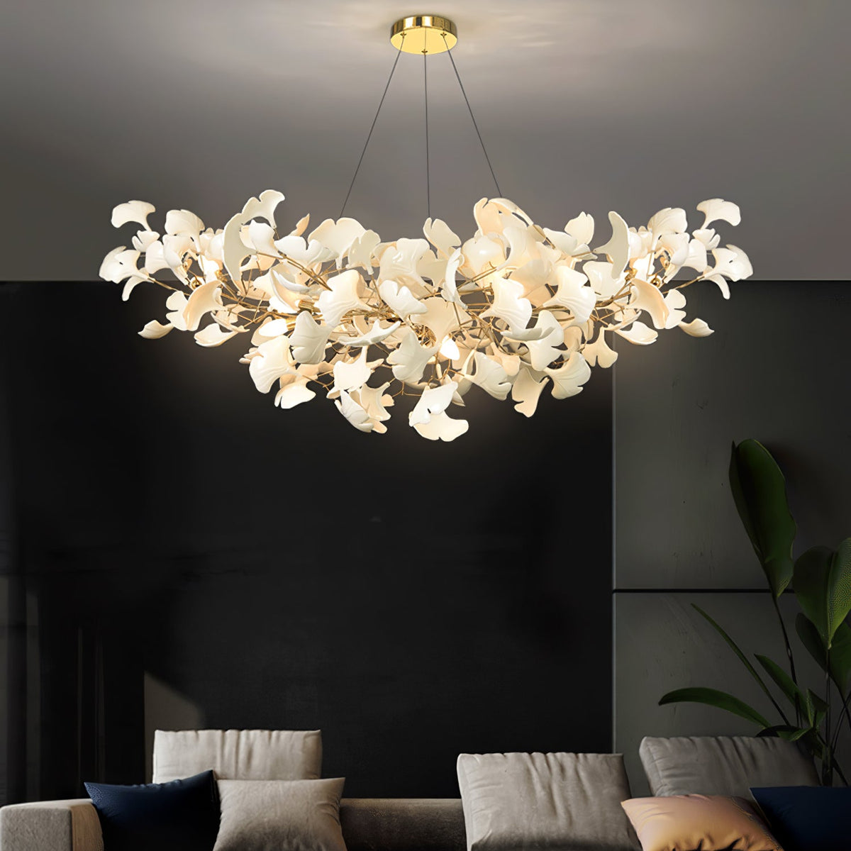 Porcelain Ginkgo Leaf Linear Chandelier with Flexible Branches | Dining Table Light
