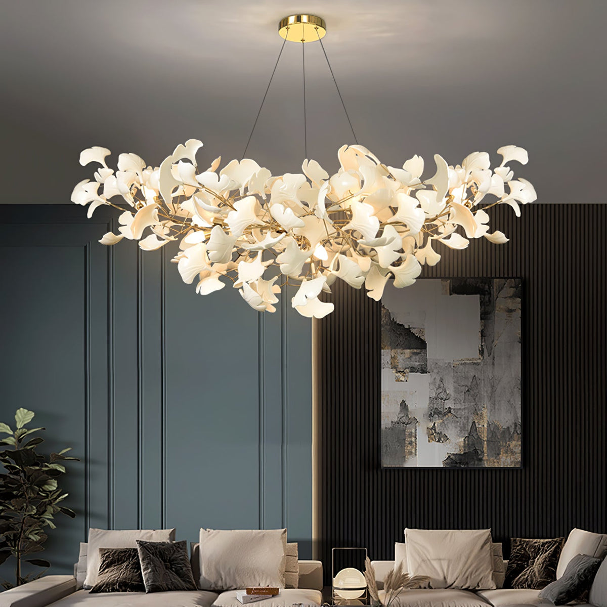 Porcelain Ginkgo Leaf Linear Chandelier with Flexible Branches | Dining Table Light