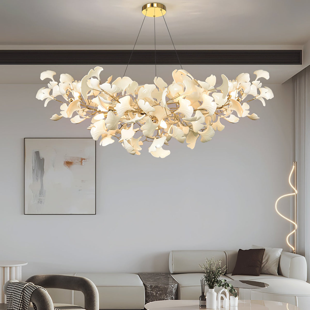 Porcelain Ginkgo Leaf Linear Chandelier with Flexible Branches | Dining Table Light