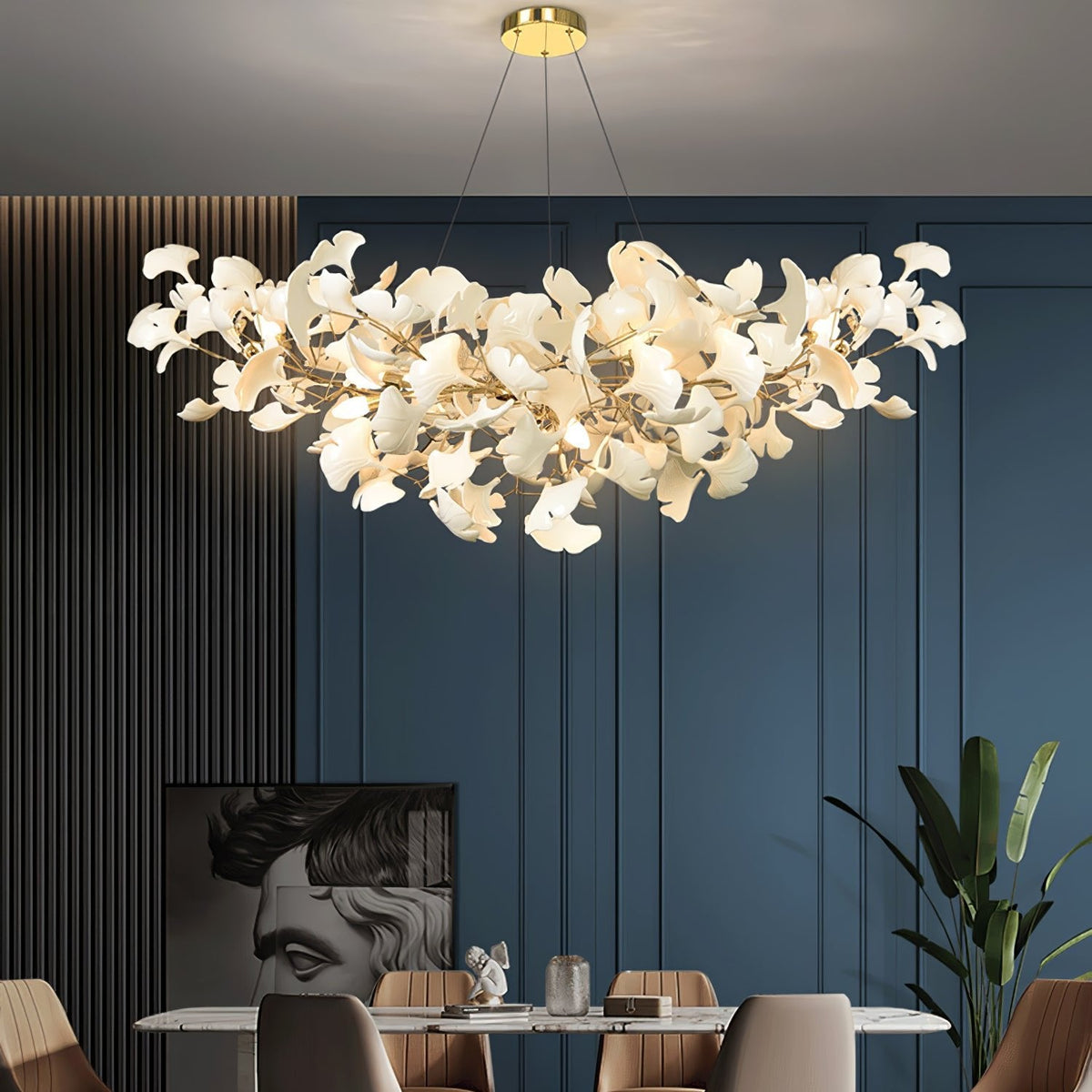 Porcelain Ginkgo Leaf Linear Chandelier with Flexible Branches | Dining Table Light