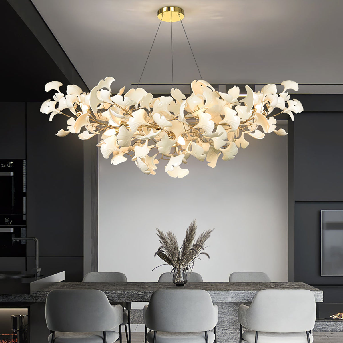 Porcelain Ginkgo Leaf Linear Chandelier with Flexible Branches | Dining Table Light