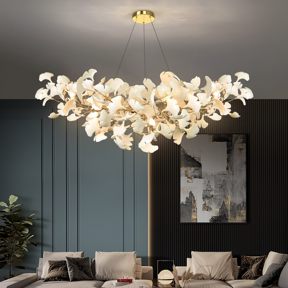 Porcelain Ginkgo Leaf Linear Chandelier with Flexible Branches | Dining Table Light