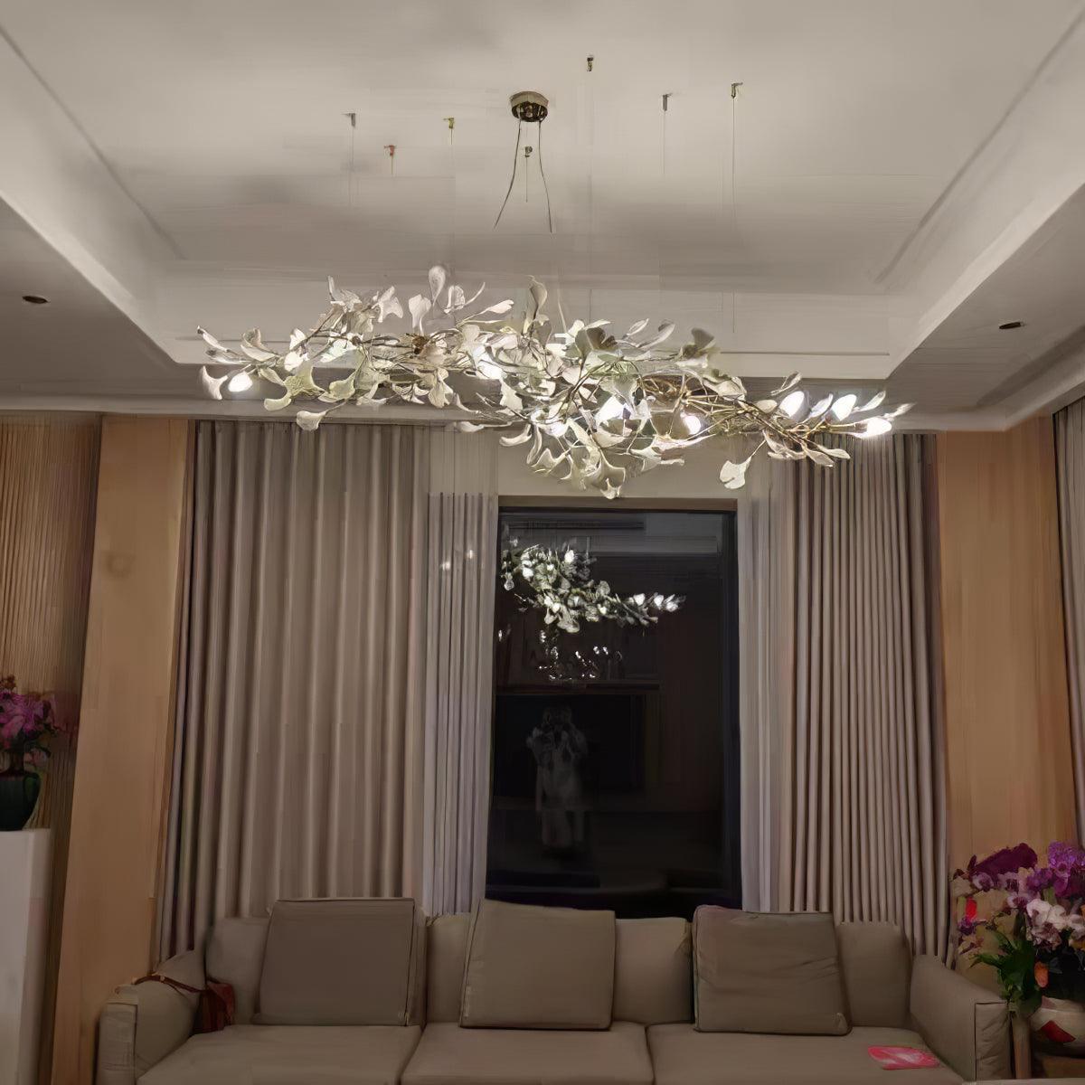 Porcelain Ginkgo Leaf Linear Chandelier with Flexible Branches | Dining Table Light