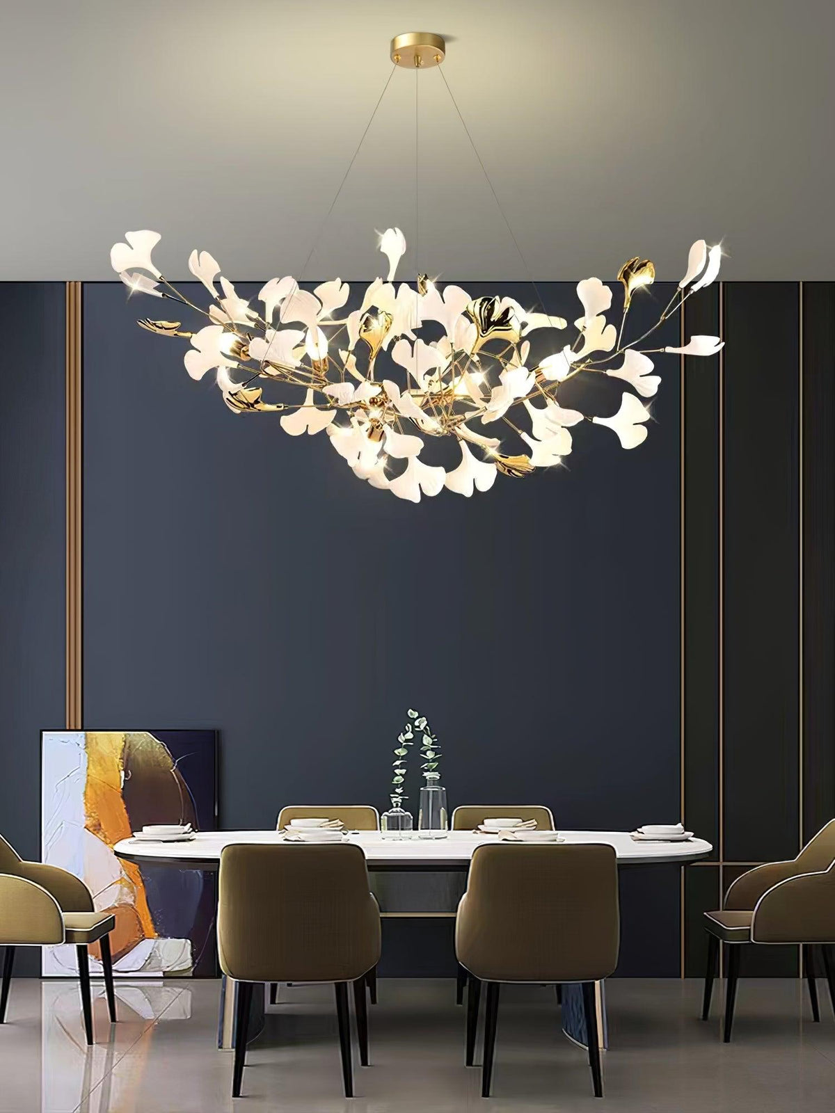 Porcelain Ginkgo Leaf Linear Chandelier with Flexible Branches | Dining Table Light