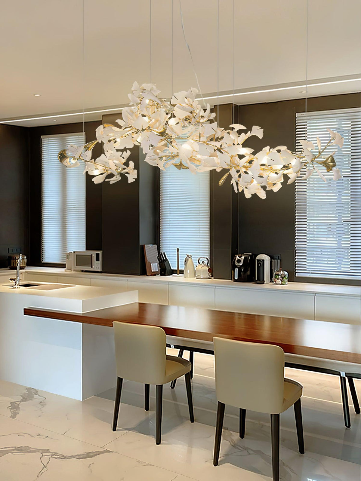 Porcelain Ginkgo Leaf Linear Chandelier with Flexible Branches | Dining Table Light