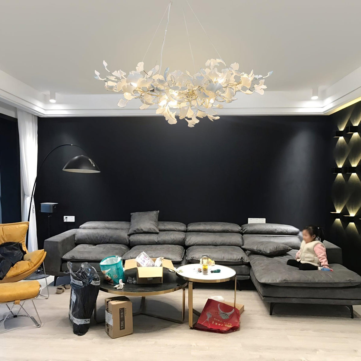 Porcelain Ginkgo Leaf Linear Chandelier with Flexible Branches | Dining Table Light