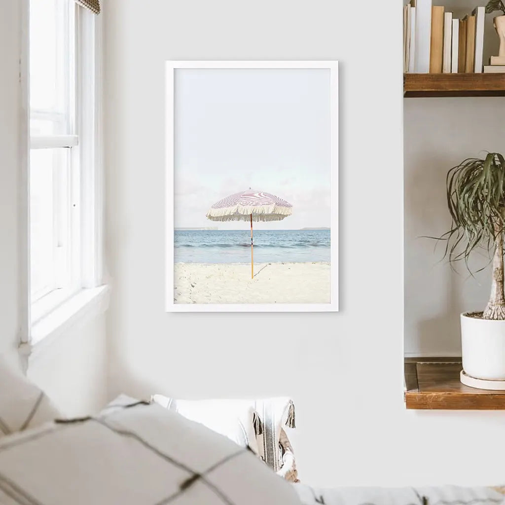 Girl's Nursery Wall Decor. Pink Umbrella, Blue Ocean