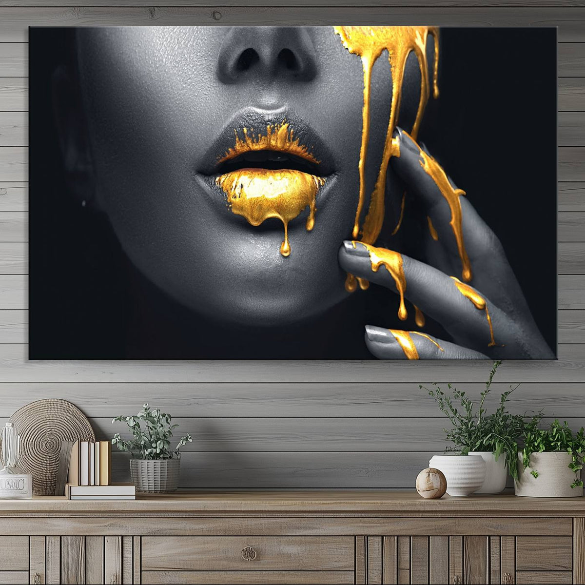 Gold Glitter Lips Fashion Photography Wall Art Makeup Wall