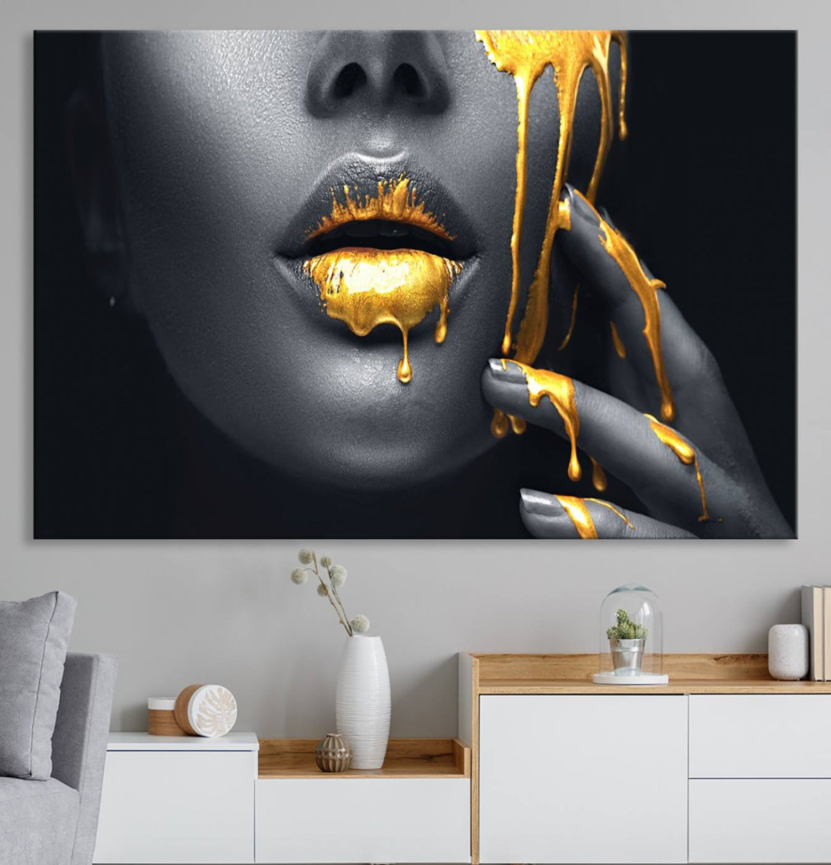 Gold Glitter Lips Fashion Photography Wall Art Makeup Wall