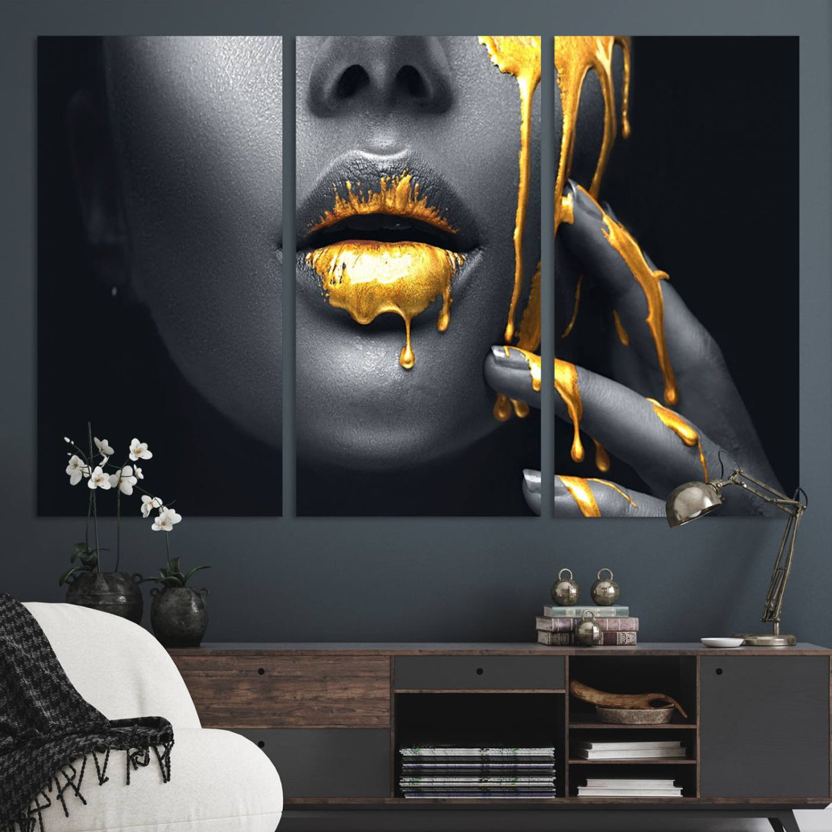 Gold Glitter Lips Fashion Photography Wall Art Makeup Wall