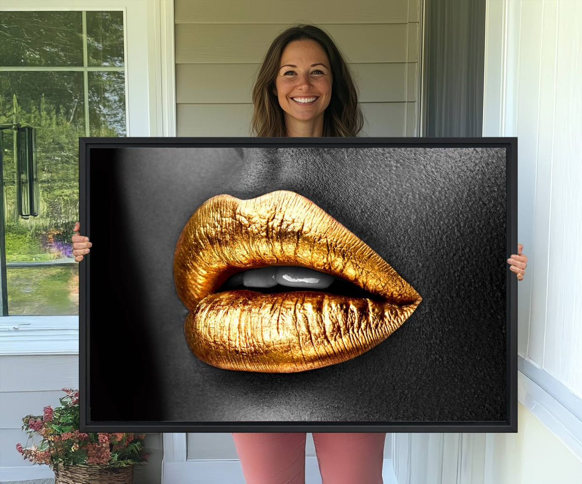 Gold Lips Canvas Wall Art Print Makeup Wall Art Fashion